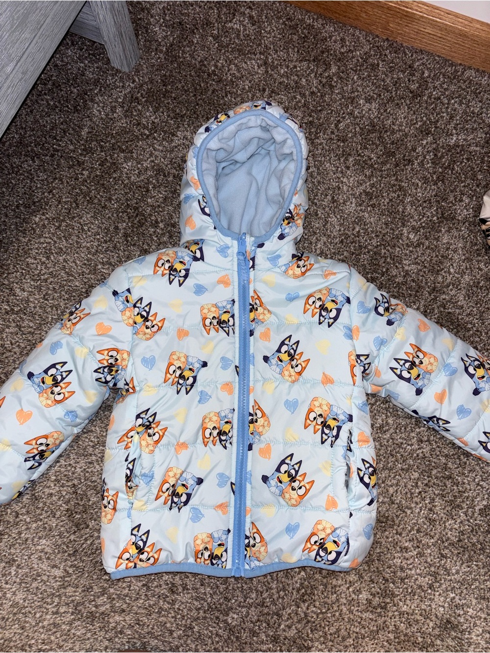 Light Blue Bingo and Bluey Puffer Jacket with Hearts